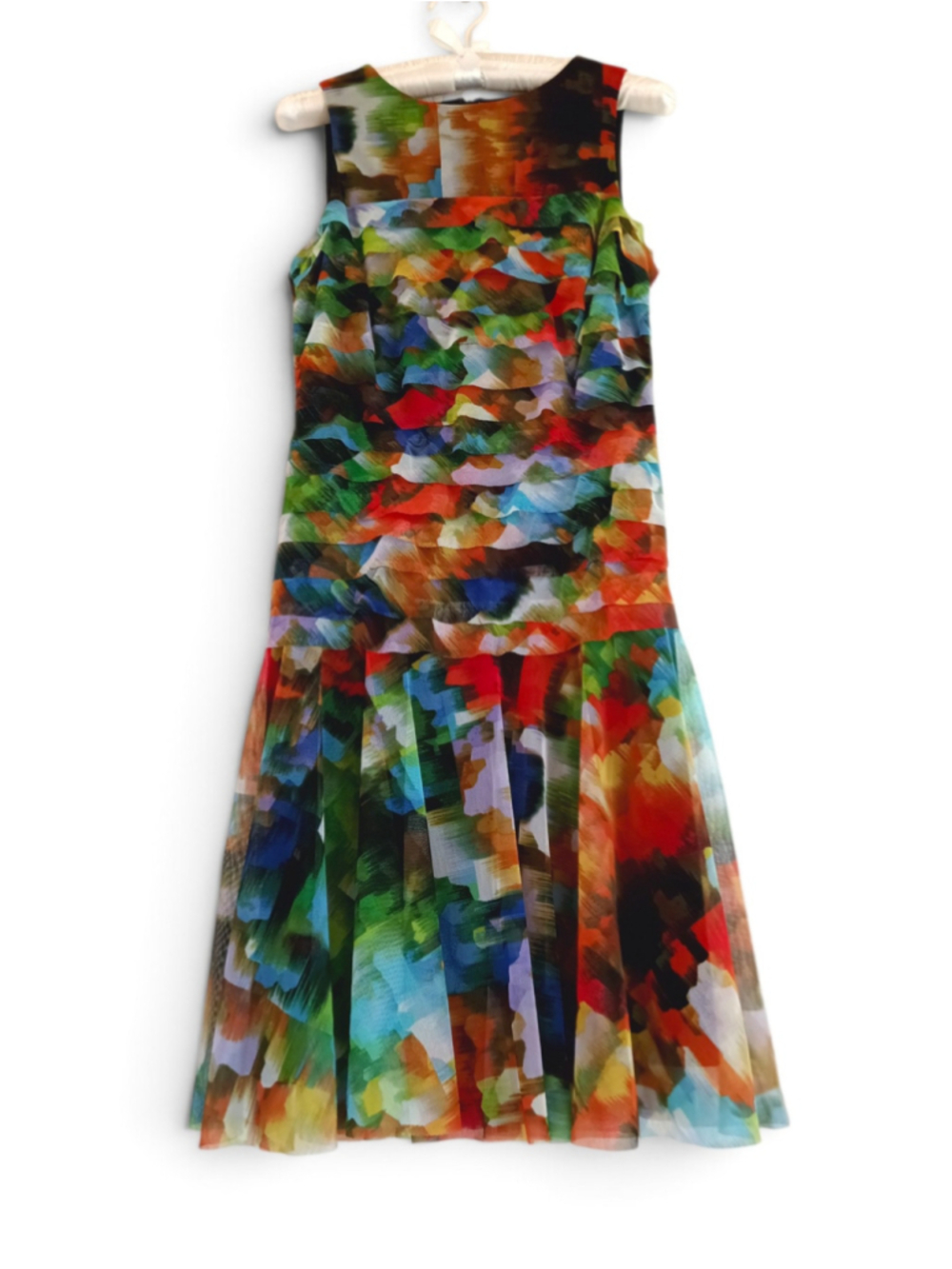 London times Abstract watercolor Tiered Midi Dress drop waist sheer multicolor 6